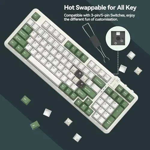 AUSDOM 98Pro Беспроводная Механическая Клавиатура, Tri-Mode BT/2.4GHz/USB-C Hot Swappable Кастомная Игровая Клавиатура с Подсветкой, Gasket Structure, Линейные Свитчи для Windows/Mac/PC (Зелено-Белая 97 клавиш) - 3