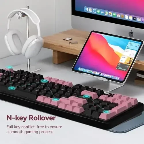 AUSDOM 98Pro Беспроводная Механическая Клавиатура, Tri-Mode BT/2.4GHz/USB-C Hot Swappable Настраиваемая Игровая Клавиатура с Подсветкой, Gasket Structure, Линейные Переключатели для Windows/Mac/PC (Черно-Розовая 97 клавиш) - 7