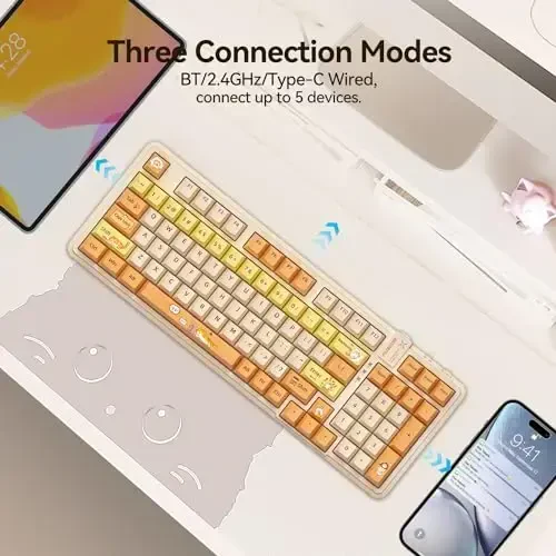 AUSDOM 98Pro Wireless Mechanical Keyboard, Tri-Mode Bluetooth/2.4GHz/USB-C Gasket Hot Swappable Custom Gaming Keyboard with Backlit, PBT Keycaps, Linear Switches, for Windows/Mac/PC (Yellow Cat Theme) - AUSDOM (1)