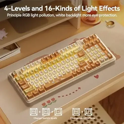 AUSDOM 98Pro Wireless Mechanical Keyboard, Tri-Mode Bluetooth/2.4GHz/USB-C Gasket Hot Swappable Custom Gaming Keyboard with Backlit, PBT Keycaps, Linear Switches, for Windows/Mac/PC (Yellow Cat Theme) - 3