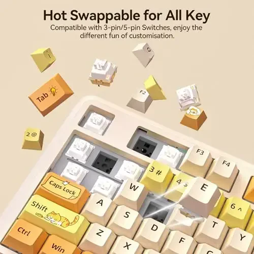 AUSDOM 98Pro Wireless Mechanical Keyboard, Tri-Mode Bluetooth/2.4GHz/USB-C Gasket Hot Swappable Custom Gaming Keyboard with Backlit, PBT Keycaps, Linear Switches, for Windows/Mac/PC (Yellow Cat Theme) - 4