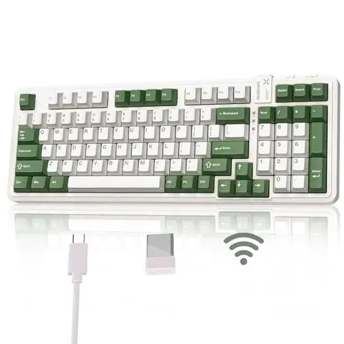 AUSDOM 98Pro Wireless Mechanical Keyboard, Tri-Mode BT/2.4GHz/USB-C Hot Swappable Custom Gaming Keyboard with Backlit, Gasket Structure, Linear Switches for Windows/Mac/PC (Green&White 97keys) - AUSDOM