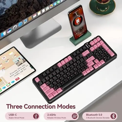 AUSDOM 98Pro Wireless Mechanical Keyboard, Tri-Mode BT/2.4GHz/USB-C Hot Swappable Custom Gaming Keyboard with Backlit, Gasket Structure, Linear Switches for Windows/Mac/PC (Black&Pink 97keys) - AUSDOM (1)