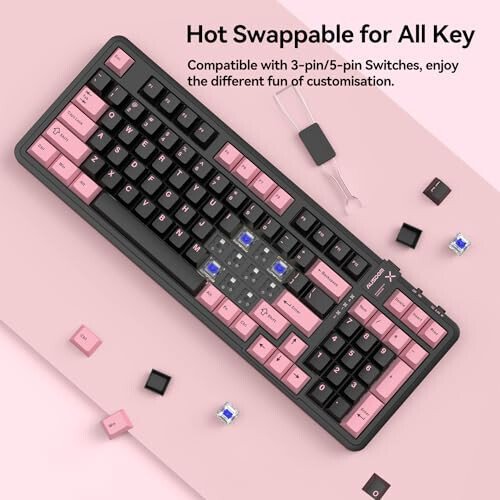 AUSDOM 98Pro Silent Wireless Mechanical Keyboard, Tri-Mode BT/2.4G/USB-C Hot Swappable Custom Quiet Keyboard with Backlit, Gasket Structure, PBT Keycaps,Pre-lubed Tactile Switches(Black & Pink-Silent) - 19