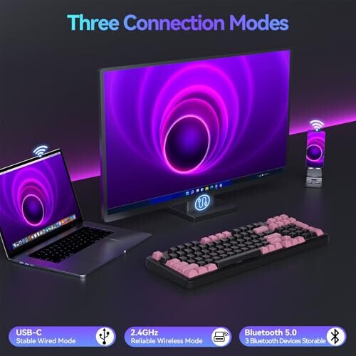 AUSDOM 98Pro Silent Wireless Mechanical Keyboard, Tri-Mode BT/2.4G/USB-C Hot Swappable Custom Quiet Keyboard with Backlit, Gasket Structure, PBT Keycaps,Pre-lubed Tactile Switches(Black & Pink-Silent) - 9