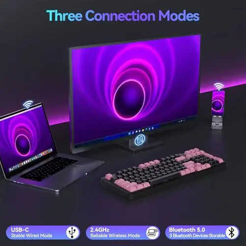 AUSDOM 98Pro Silent Wireless Mechanical Keyboard, Tri-Mode BT/2.4G/USB-C Hot Swappable Custom Quiet Keyboard with Backlit, Gasket Structure, PBT Keycaps,Pre-lubed Tactile Switches(Black & Pink-Silent) - 9