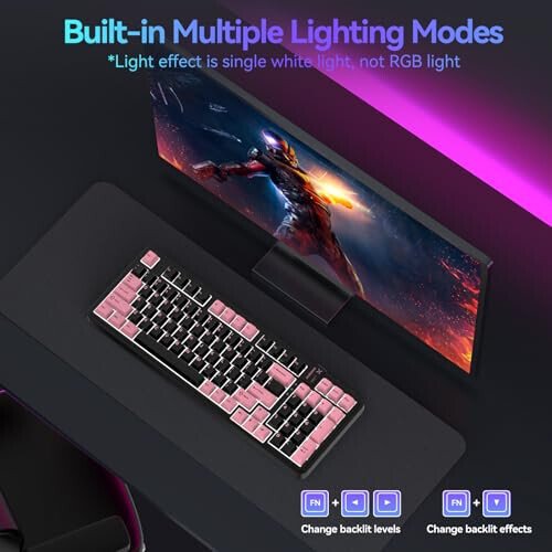AUSDOM 98Pro Silent Wireless Mechanical Keyboard, Tri-Mode BT/2.4G/USB-C Hot Swappable Custom Quiet Keyboard with Backlit, Gasket Structure, PBT Keycaps,Pre-lubed Tactile Switches(Black & Pink-Silent) - 10