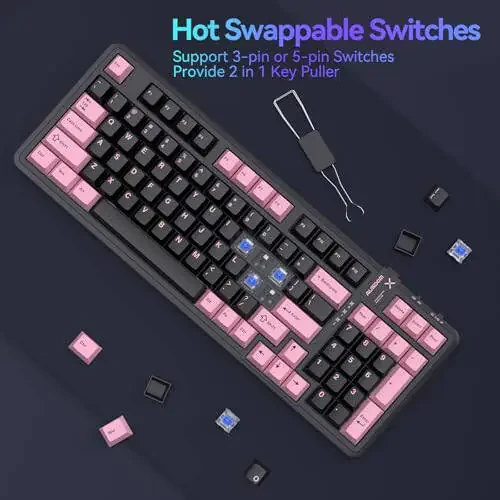 AUSDOM 98Pro Silent Wireless Mechanical Keyboard, Tri-Mode BT/2.4G/USB-C Hot Swappable Custom Quiet Keyboard with Backlit, Gasket Structure, PBT Keycaps,Pre-lubed Tactile Switches(Black & Pink-Silent) - 11