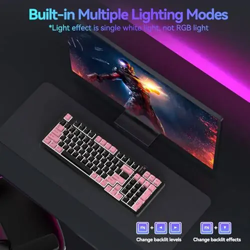 AUSDOM 98Pro Silent Wireless Mechanical Keyboard, Tri-Mode BT/2.4G/USB-C Hot Swappable Custom Quiet Keyboard with Backlit, Gasket Structure, PBT Keycaps,Pre-lubed Tactile Switches(Black & Pink-Silent) - 10
