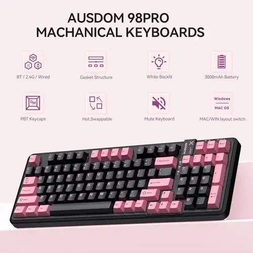 AUSDOM 98Pro Silent Wireless Mechanical Keyboard, Tri-Mode BT/2.4G/USB-C Hot Swappable Custom Quiet Keyboard with Backlit, Gasket Structure, PBT Keycaps,Pre-lubed Tactile Switches(Black & Pink-Silent) - AUSDOM (1)