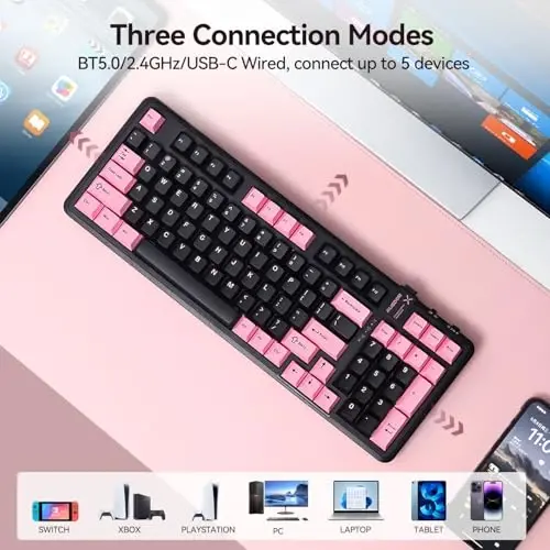 AUSDOM 98Pro Silent Wireless Mechanical Keyboard, Tri-Mode BT/2.4G/USB-C Hot Swappable Custom Quiet Keyboard with Backlit, Gasket Structure, PBT Keycaps,Pre-lubed Tactile Switches(Black & Pink-Silent) - 3