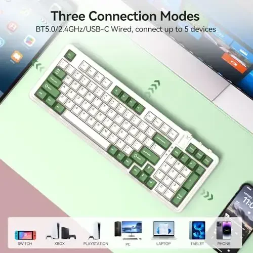 AUSDOM 98Pro Silent Mechanical Keyboard, Wireless Hot Swappable Gaming Keyboard with Backlit,Gasket Structure,Pre-lubed Tactile Switches,2.4GHz/Type-C/Bluetooth Custom Keyboards (Green & White-Silent) - 5