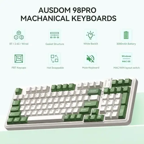 AUSDOM 98Pro Silent Mechanical Keyboard, Wireless Hot Swappable Gaming Keyboard with Backlit,Gasket Structure,Pre-lubed Tactile Switches,2.4GHz/Type-C/Bluetooth Custom Keyboards (Green & White-Silent) - AUSDOM (1)