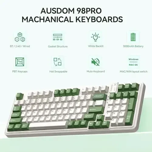 AUSDOM 98Pro Silent mexanik klaviatura, simsiz issiq almashtiriladigan oʻyin klaviaturasi, orqa yoritgichli, Gasket tuzilishi, oldindan moylangan taktil kalitlar, 2,4 GHz/Type-C/Bluetooth maxsus klaviaturalari (Yashil & Oq-Silent) - AUSDOM (1)