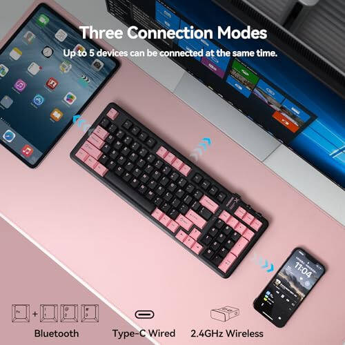 AUSDOM 98Pro Silent Wireless Mechanical Keyboard, Tri-Mode Bluetooth/2.4GHz/Type-C Hot Swappable Custom Keyboard with Backlit, Gasket Structure, Pre-lubed Tactile Switches (Black & Pink - Silent) - 2