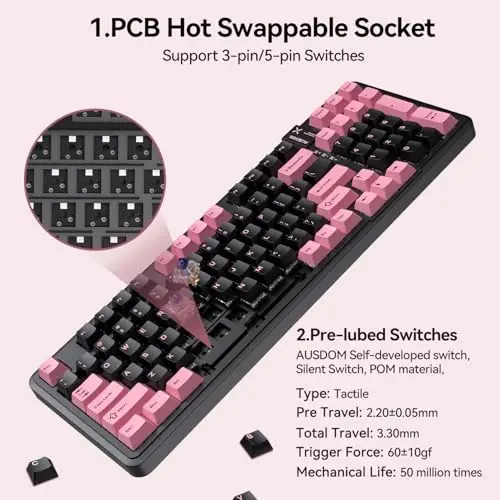 AUSDOM 98Pro Silent Wireless Mechanical Keyboard, Tri-Mode Bluetooth/2.4GHz/Type-C Hot Swappable Custom Keyboard with Backlit, Gasket Structure, Pre-lubed Tactile Switches (Black & Pink - Silent) - 5