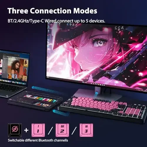 AUSDOM 98Pro simsiz mexanik klaviatura, Tri-Mode Bluetooth/2.4GHz/USB-C Gasket issiq almashtiriladigan maxsus o'yin klaviaturasi yoritgichli, PBT kalpaklar, chiziqli kalitlar, Windows/Mac/PC uchun (Manga Girl mavzusi) - AUSDOM (1)