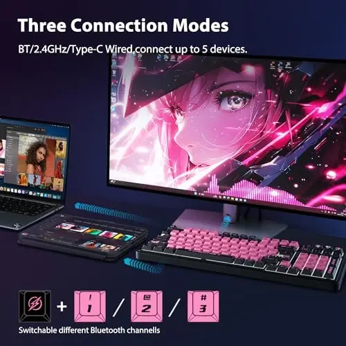 AUSDOM 98Pro simsiz mexanik klaviatura, Tri-Mode Bluetooth/2.4GHz/USB-C Gasket issiq almashtiriladigan maxsus o'yin klaviaturasi yoritgichli, PBT kalpaklar, chiziqli kalitlar, Windows/Mac/PC uchun (Manga Girl mavzusi) - 2