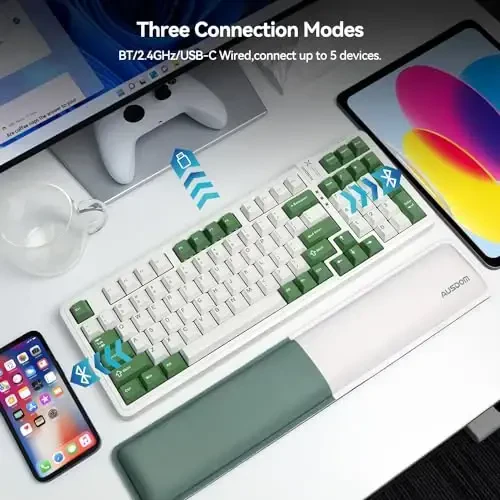 AUSDOM 98Pro simsiz mexanik klaviatura, Tri-Mode BT/2.4GHz/USB-C almashtiriladigan moslashtirilgan oʻyin klaviaturasi yoritilgan, Gasket tuzilishi, Windows/Mac/PC uchun chiziqli kalitlar (yashil va oq 97 ta tugma) - 2