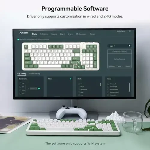 AUSDOM 98Pro simsiz mexanik klaviatura, Tri-Mode BT/2.4GHz/USB-C almashtiriladigan moslashtirilgan oʻyin klaviaturasi yoritilgan, Gasket tuzilishi, Windows/Mac/PC uchun chiziqli kalitlar (yashil va oq 97 ta tugma) - 5