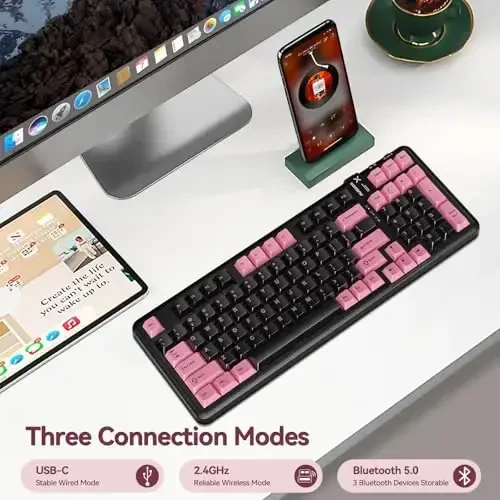 AUSDOM 98Pro Simsiz Mexanik Klaviatura, Tri-Rejim BT/2.4GHz/USB-C Issiq Almashtiriladigan Maxsus O'yin Klaviatura Orqa yoritgichli, Gasket Tuzilishi, Windows/Mac/PC uchun Chiziqli Kalitlar (Qora&Pushti 97tugma) - 2