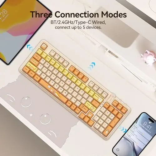 AUSDOM 98Pro Simsiz Mexanik Klaviatura, Tri-Rejimli Bluetooth/2.4GHz/USB-C Gasket Qaynoq Almashtiriladigan Maxsus O'yin Klaviatura Orqa Yorug'lik, PBT Kalpaklar, Chiziqli Kalitlar, Windows/Mac/PC uchun (Sariq Mushuk Mavzusi) - AUSDOM (1)