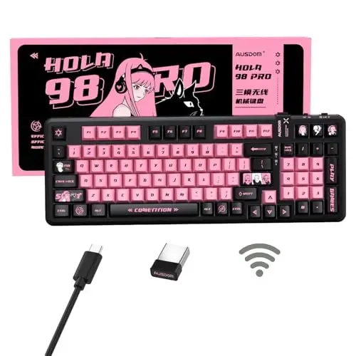 AUSDOM 98Pro Wireless Mechanical Keyboard, Tri-Mode Bluetooth/2.4GHz/USB-C Gasket Hot Swappable Custom Gaming Keyboard with Backlit, PBT Keycaps, Linear Switches, for Windows/Mac/PC (Manga Girl Theme) - 1