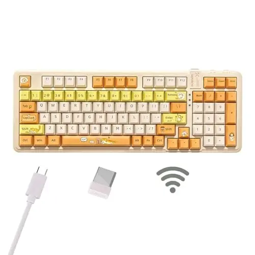 AUSDOM 98Pro Wireless Mechanical Keyboard, Tri-Mode Bluetooth/2.4GHz/USB-C Gasket Hot Swappable Custom Gaming Keyboard with Backlit, PBT Keycaps, Linear Switches, for Windows/Mac/PC (Yellow Cat Theme) - AUSDOM
