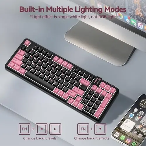 AUSDOM 98Pro Wireless Mechanical Keyboard, Tri-Mode BT/2.4GHz/USB-C Hot Swappable Custom Gaming Keyboard with Backlit, Gasket Structure, Linear Switches for Windows/Mac/PC (Black&Pink 97keys) - 3