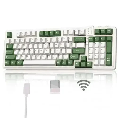 AUSDOM 98Pro Wireless Mechanical Keyboard, Tri-Mode BT/2.4GHz/USB-C Hot Swappable Custom Gaming Keyboard with Backlit, Gasket Structure, Linear Switches for Windows/Mac/PC (Green&White 97keys) - 1