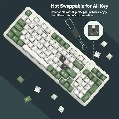 AUSDOM 98Pro Wireless Mechanical Keyboard, Tri-Mode BT/2.4GHz/USB-C Hot Swappable Custom Gaming Keyboard with Backlit, Gasket Structure, Linear Switches for Windows/Mac/PC (Green&White 97keys) - 3