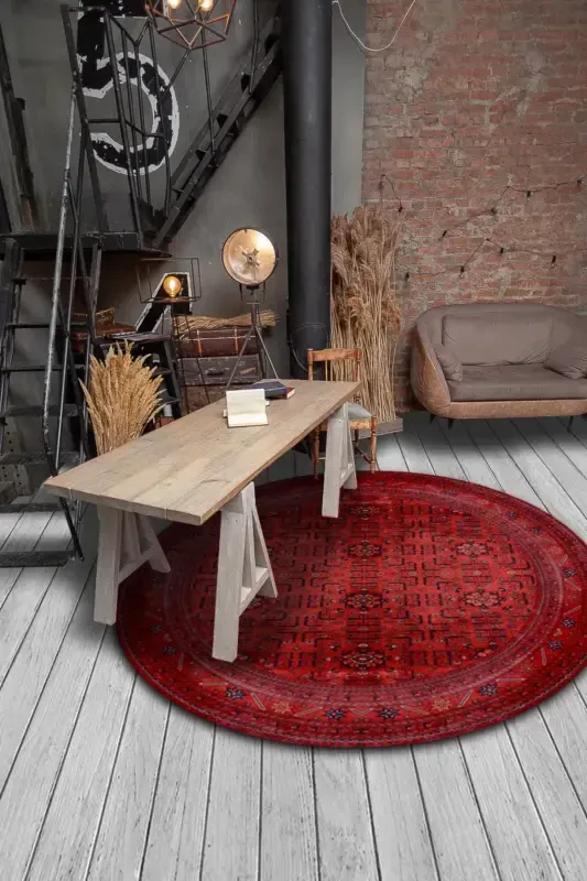 Authentic Eco Punto Non-Slip Washable Antibacterial Digital Print Authentic Round Carpet-RED - 1