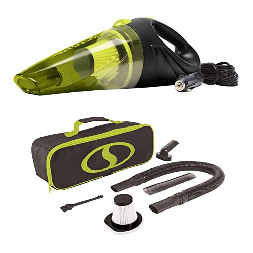 Auto Joe ATJ-V501 12-Volt Portable Car Vacuum Cleaner w/16-Foot Cable, Interior Auto Detailing Accessory Kit, HEPA Filter x2 and Storage Bag, Green - Auto Joe