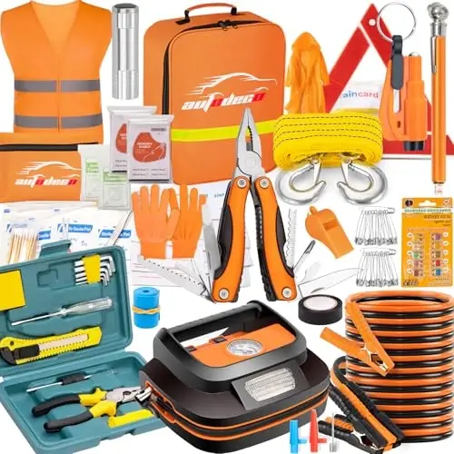 AUTODECO 131 Pieces Car Emergency Safety Kit Bag with Air Compressor Jumper Cable First Aid Kit Tire Pressure Gauge Roadside Emergency Car Kit for Vehicles - 7