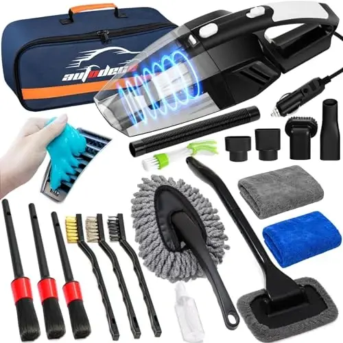 AUTODECO 20Pcs Car Cleaning Wash Kit Interior Detailing Cleaner Kit with High Power Handheld Vacuum, Brush Set, Windshield Tool, Duster, Towels, Complete Car Care Tools, Blue - 1