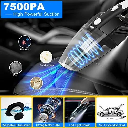 AUTODECO 20Pcs Car Cleaning Wash Kit Interior Detailing Cleaner Kit with High Power Handheld Vacuum, Brush Set, Windshield Tool, Duster, Towels, Complete Car Care Tools, Blue - 2