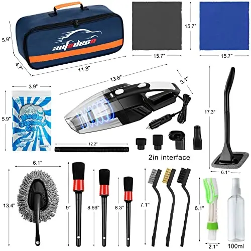 AUTODECO 20Pcs Car Cleaning Wash Kit Interior Detailing Cleaner Kit with High Power Handheld Vacuum, Brush Set, Windshield Tool, Duster, Towels, Complete Car Care Tools, Blue - 7