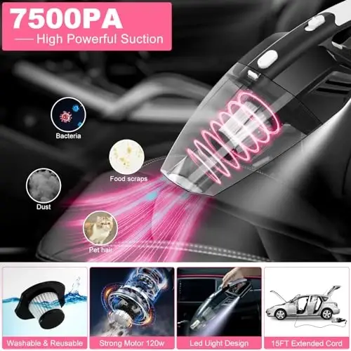 AUTODECO 20Pcs Car Cleaning Wash Kit Interior Detailing Cleaner Kit with High Power Handheld Vacuum, Brush Set, Windshield Tool, Duster, Towels, Complete Car Care Tools, Pink - 2