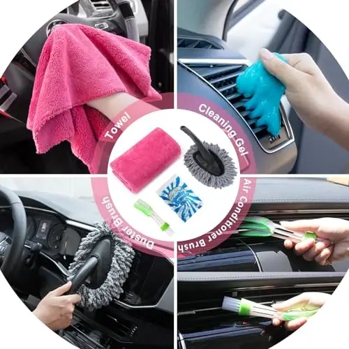 AUTODECO 20Pcs Car Cleaning Wash Kit Interior Detailing Cleaner Kit with High Power Handheld Vacuum, Brush Set, Windshield Tool, Duster, Towels, Complete Car Care Tools, Pink - 6