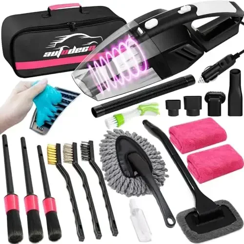 AUTODECO 20Pcs Car Cleaning Wash Kit Interior Detailing Cleaner Kit with High Power Handheld Vacuum, Brush Set, Windshield Tool, Duster, Towels, Complete Car Care Tools, Pink - 1