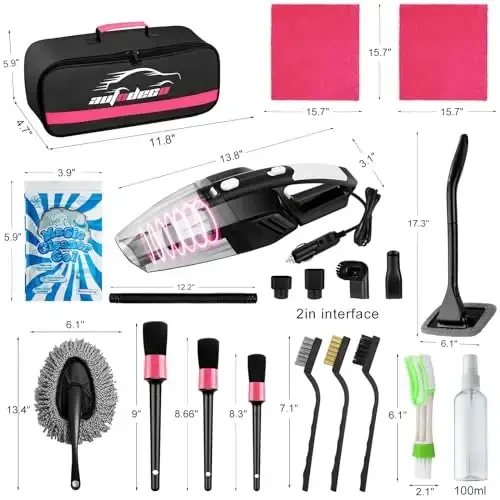 AUTODECO 20Pcs Car Cleaning Wash Kit Interior Detailing Cleaner Kit with High Power Handheld Vacuum, Brush Set, Windshield Tool, Duster, Towels, Complete Car Care Tools, Pink - 7