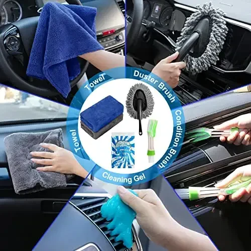 AUTODECO 20Pcs Car Cleaning Wash Kit Interior Detailing Cleaner Kit with High Power Handheld Vacuum, Brush Set, Windshield Tool, Duster, Towels, Complete Car Care Tools, Blue - 6