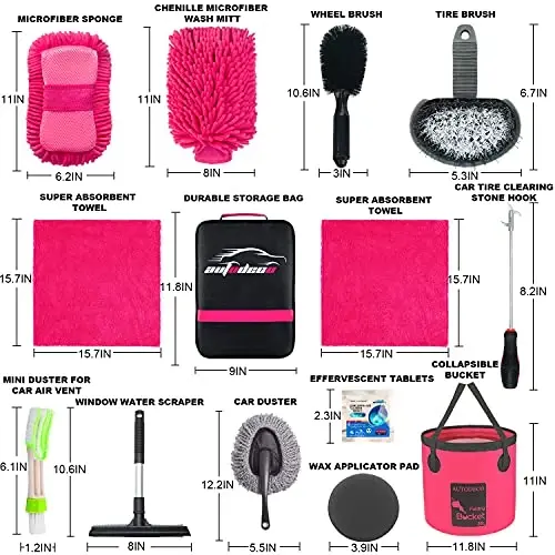 AUTODECO 22 dona Avtomobil yuvish tozalash vositalari to'plami Avtomobilni detallantirish to'plami Canvas sumkasi pushti buklanadigan chelak Yuvish qo'lqopi gubka sochiqlar Shina cho'tkasi Oyna qirg'ichi Duster to'liq ichki Avtomobilga parvarish qilish to'plami - 6