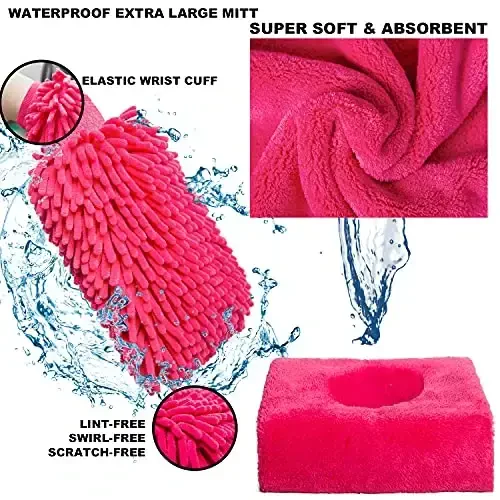 AUTODECO 22Pcs Car Wash Cleaning Tools Kit Car Detailing Set with Canvas Bag Pink Collapsible Bucket Wash Mitt Sponge Towels Tire Brush Window Scraper Duster Complete Interior Car Care Kit - 3