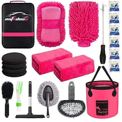 AUTODECO 22Pcs Car Wash Cleaning Tools Kit Car Detailing Set with Canvas Bag Pink Collapsible Bucket Wash Mitt Sponge Towels Tire Brush Window Scraper Duster Complete Interior Car Care Kit - 1