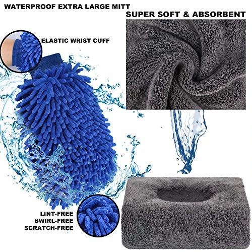 AUTODECO 22Pcs Car Wash Cleaning Tools Kit Car Detailing Set with Blue Canvas Bag Collapsible Bucket Wash Mitt Sponge Towels Tire Brush Window Scraper Duster Complete Interior Car Care Kit - 3