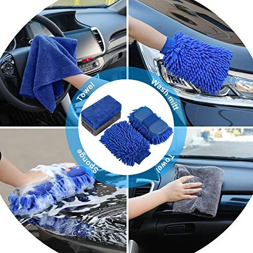 AUTODECO 22Pcs Car Wash Cleaning Tools Kit Car Detailing Set with Blue Canvas Bag Collapsible Bucket Wash Mitt Sponge Towels Tire Brush Window Scraper Duster Complete Interior Car Care Kit - 4