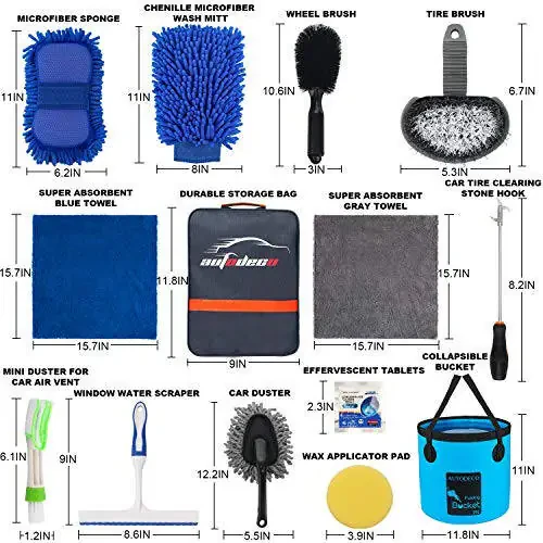 AUTODECO 22Pcs Car Wash Cleaning Tools Kit Car Detailing Set with Blue Canvas Bag Collapsible Bucket Wash Mitt Sponge Towels Tire Brush Window Scraper Duster Complete Interior Car Care Kit - 7