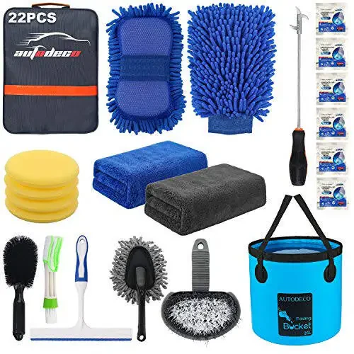 AUTODECO 22Pcs Car Wash Cleaning Tools Kit Car Detailing Set with Blue Canvas Bag Collapsible Bucket Wash Mitt Sponge Towels Tire Brush Window Scraper Duster Complete Interior Car Care Kit - 1