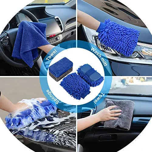 AUTODECO 22Pcs Car Wash Cleaning Tools Kit Car Detailing Set with Blue Canvas Bag Collapsible Bucket Wash Mitt Sponge Towels Tire Brush Window Scraper Duster Complete Interior Car Care Kit - 4